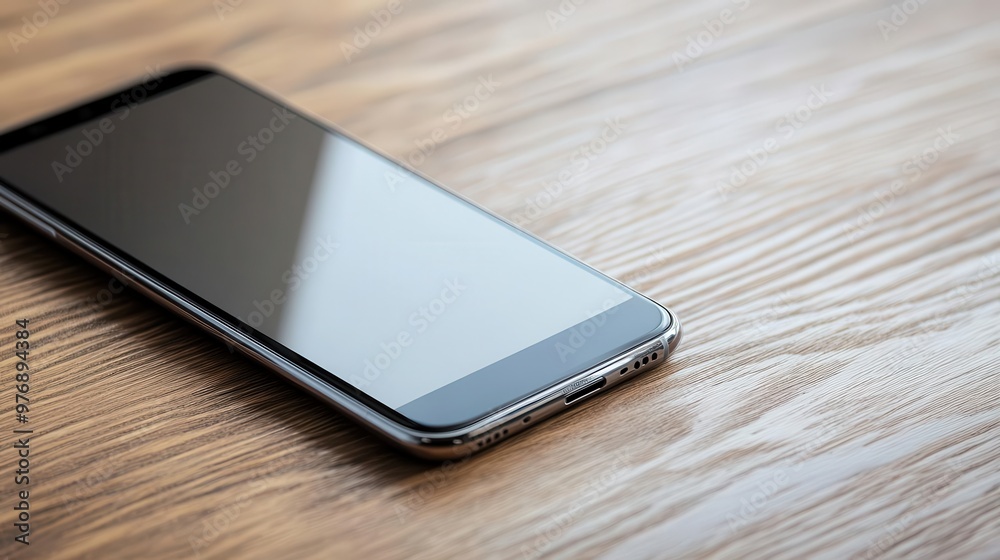 Close-up of a smartphone with a blank screen on a wooden table Close-up of a smartphone with a blank screen on a wooden table