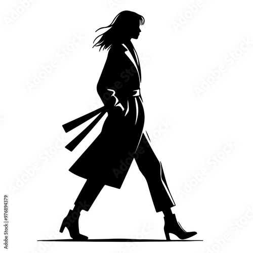 silhouette of a minimal business  woman walking forward in winter clothing pose on a white background