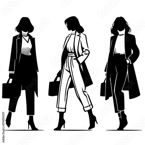 silhouette of a minimal business  woman walking forward in winter clothing pose on a white background