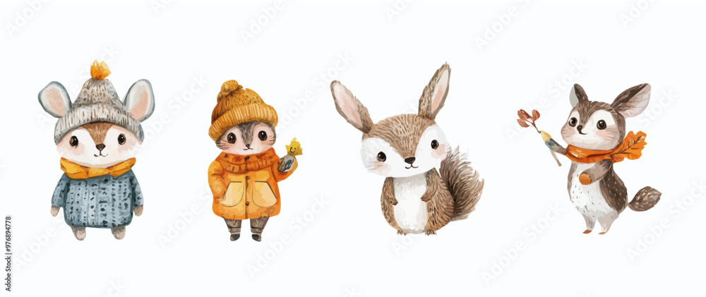 Fototapeta premium Little forest animals set, vector set, watercolor. Colorful and cute clip art illustrations, perfect for greeting cards, invitations, banners, posters, textile, covers.