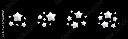 Vector 3d white sparkling star collection on black background. Cute realistic cartoon 3d render, silver sparkle shining stars illustration set for magic decoration, web, game, app, design, nursery. photo