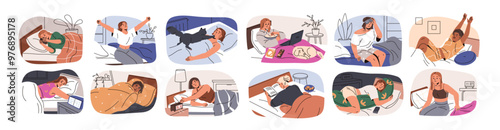 Woman in bed set, asleep, eating, phone watching. Good bad dream, relaxed and exhausted sleepless girls. Insomnia at night, waking up in morning. Flat vector illustration isolated on white background