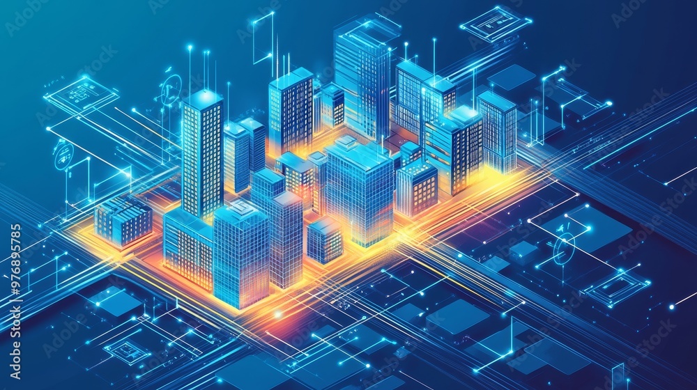 Futuristic Isometric Business Infrastructure with Streamlined Systems and Networked Buildings Futuristic Isometric Business Infrastructure with Streamlined Systems and Networked Buildings