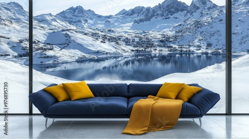 Modern living room, panoramic view, snowy mountains, serene lake, cozy sofa, winter relaxation.