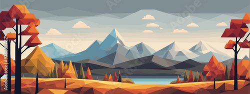 Low poly autumn landscape vector, orange and blue hues, serene mountains and trees, perfect for web banners