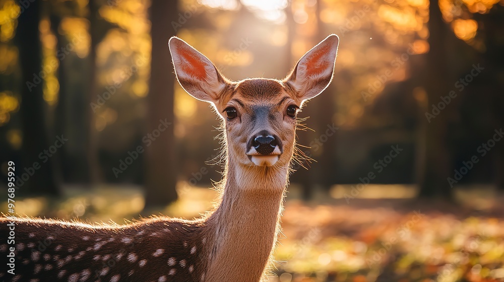 A close-up of a young deer standing in a sunlit forest during autumn, capturing the tranquility and beauty of nature. A close-up of a young deer standing in a sunlit forest during autumn, capturing the tranquility and beauty of nature.