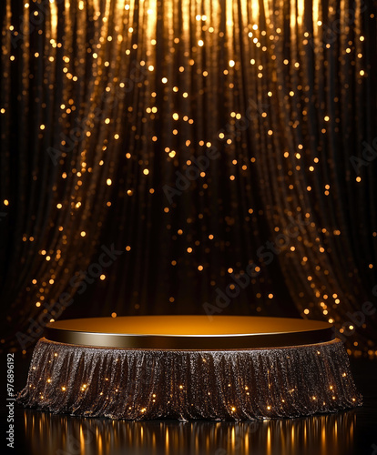 Golden round podium illuminating luxury product display background with black curtain and bokeh lights