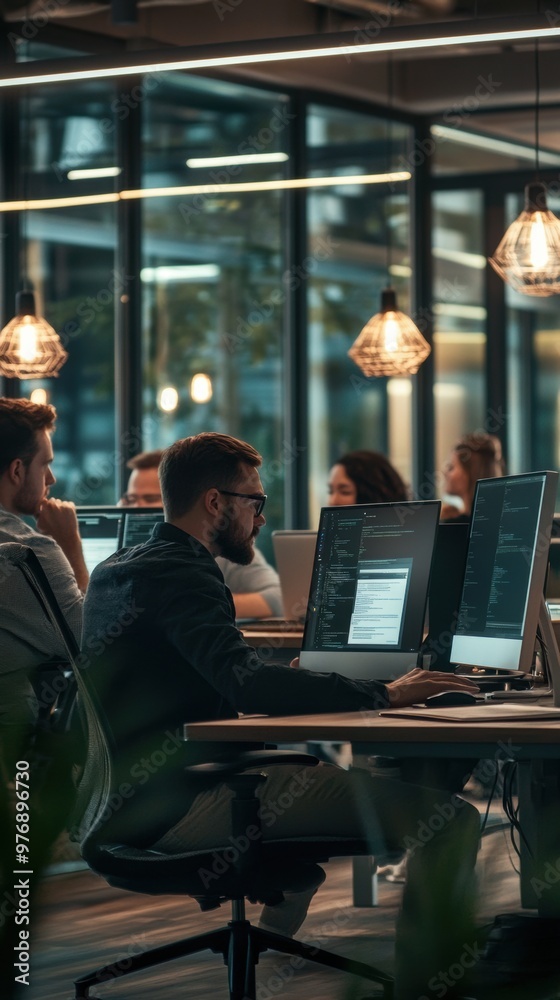 A group of people sitting at a table with computers, AI A group of people sitting at a table with computers, AI