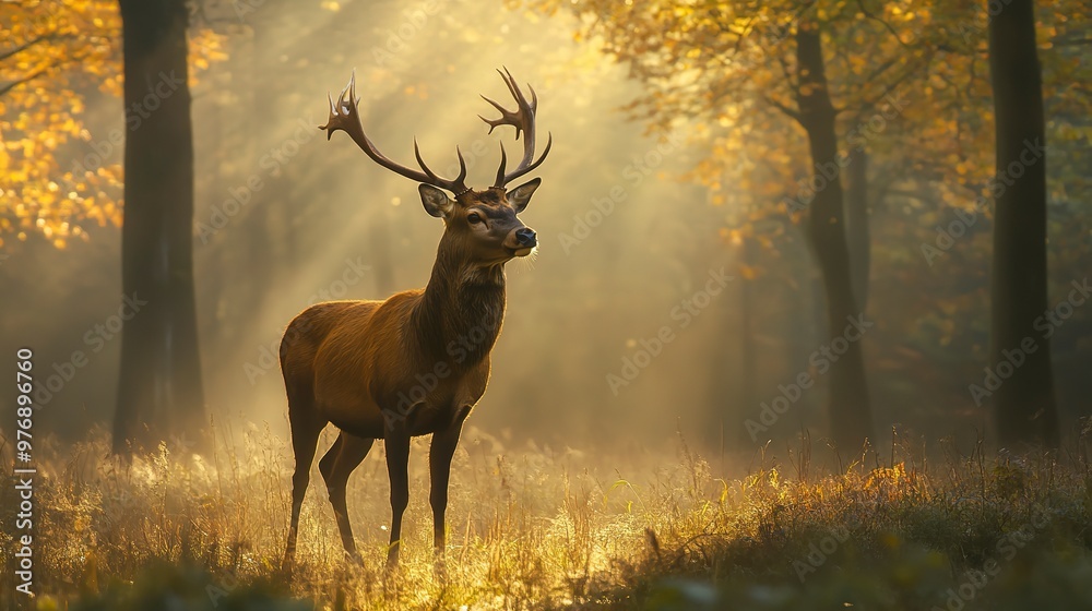 A Majestic Buck Stands Tall in a Misty Forest A Majestic Buck Stands Tall in a Misty Forest