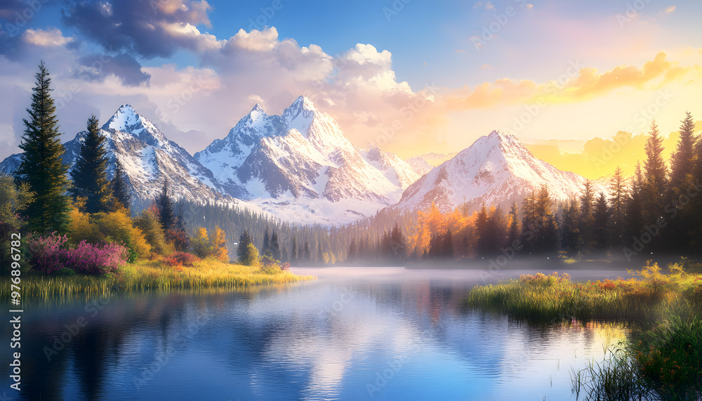 Fototapeta premium Nature Bliss: A serene mountain landscape with a lake reflecting the snowy peaks at sunrise