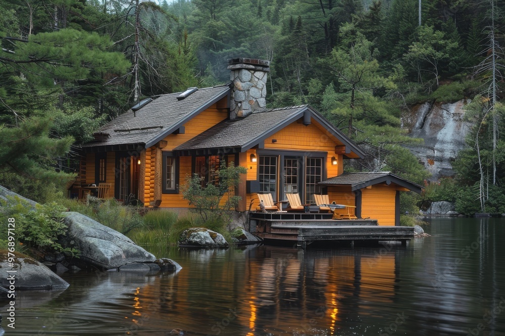 Tranquil lakeside cabin surrounded by forested wilderness, cozy retreat in nature by the water, Ai Generation Tranquil lakeside cabin surrounded by forested wilderness, cozy retreat in nature by the water, Ai Generation