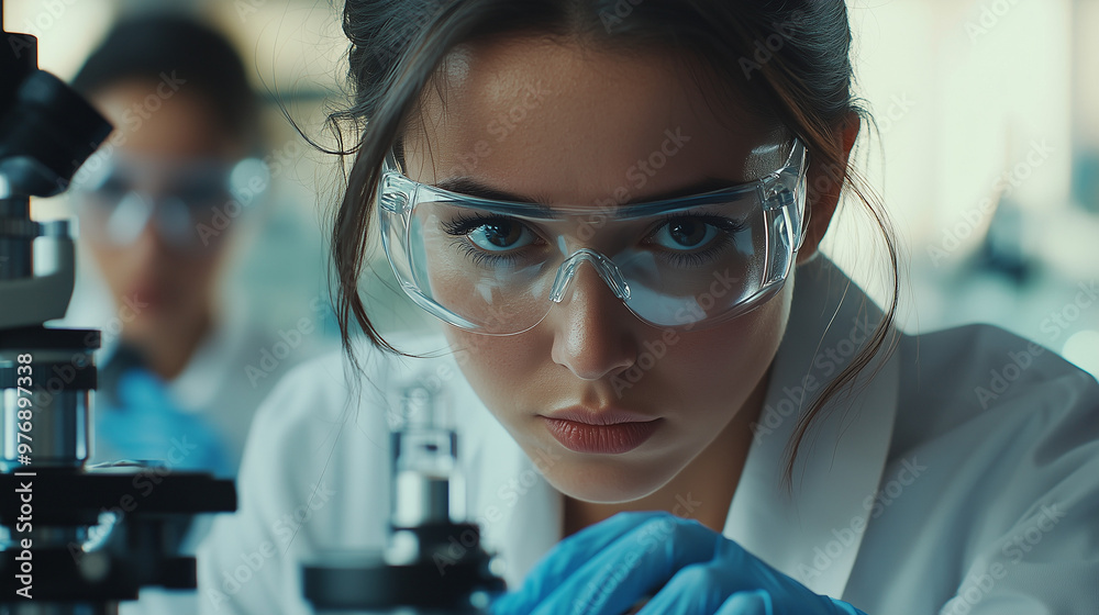 Scientist in lab coat holding vial of experimental drug, with microscope and scientific equipment, symbolizing drug trials and medical research process Scientist in lab coat holding vial of experimental drug, with microscope and scientific equipment, symbolizing drug trials and medical research process
