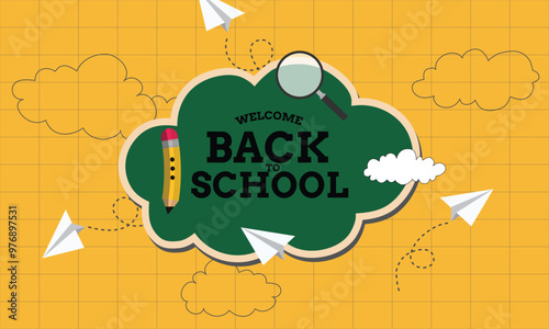 Back to school text vector template design. Welcome back to school greeting in green chalkboard space with pencil, magnifying glass, bulb and paper airplane elements in yellow pattern background.