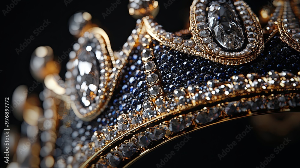 Obraz premium A close-up view of an ornate crown adorned with sparkling gems and intricate detailing, showcasing luxury and craftsmanship.