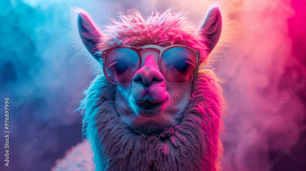 Fototapeta premium portrait of an alpaca wearing sunglasses, with neon lights, pink and blue colors, and smoke in the background