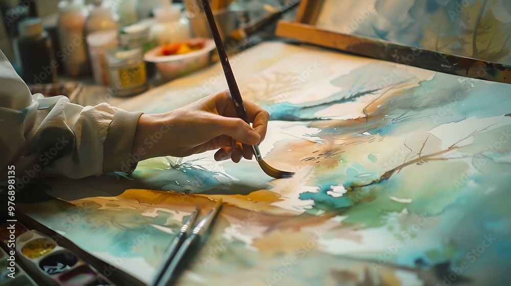 Obraz premium Painting with watercolors in intimate level on a work surface