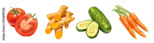 Assorted fresh vegetables isolated on transparent background. Realistic illustration. Healthy eating and organic produce concept. Clipart for cookbook, menu, and grocery store advertising.