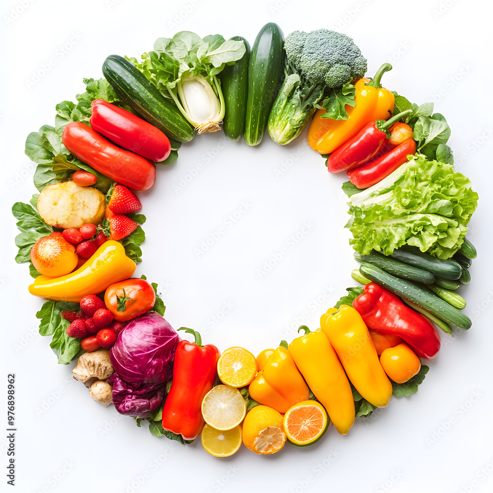 Top view of a fresh vegetable wreath, isolated on a white background Top view of a fresh vegetable wreath, isolated on a white background