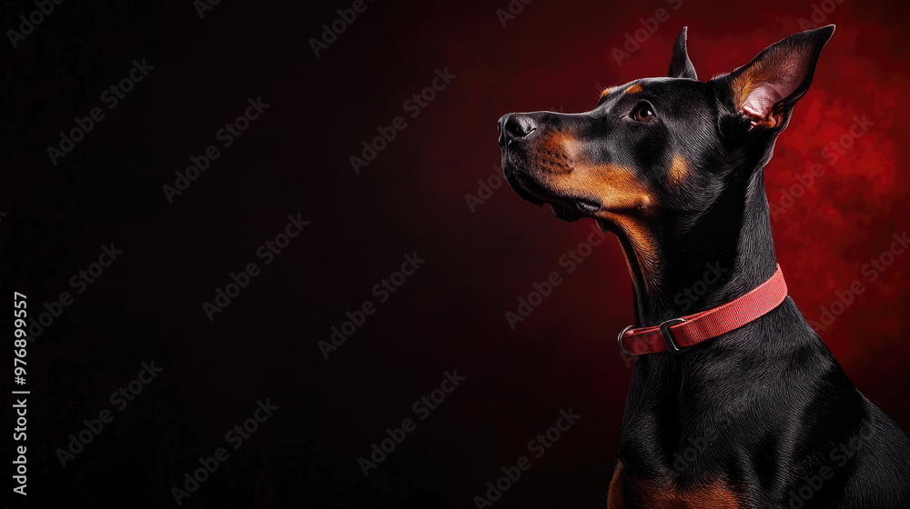 A majestic Doberman profile illuminated against a dramatic dark and red background, showcasing its elegance and strength. A majestic Doberman profile illuminated against a dramatic dark and red background, showcasing its elegance and strength.
