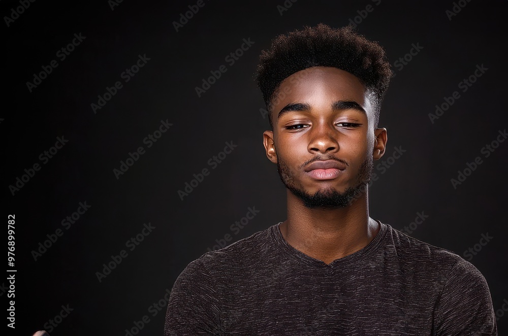 Fototapeta premium A young man poses confidently against a dark background, showcasing a strong expression and fashionable style.