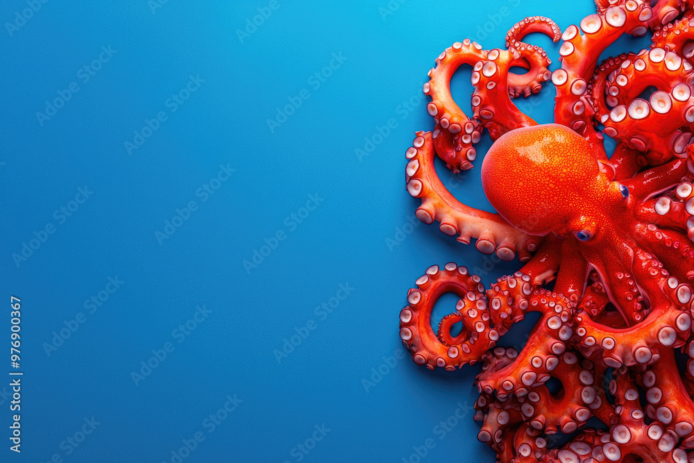 A vibrant red octopus elegantly displayed against a bright blue background, showcasing its unique texture and form. A vibrant red octopus elegantly displayed against a bright blue background, showcasing its unique texture and form.