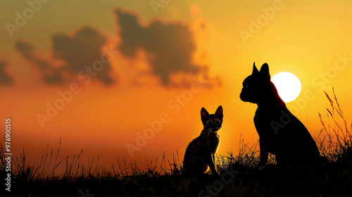 Silhouettes of a dog and a cat with the sunset in the background.
