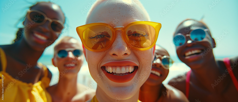 Ethnically Diverse inclusive Group of happy Gen-Z Friends Enjoying a hot Sunny Day Outdoors at beach, Wearing Bright Sunglasses and Summer Outfits. Albino woman red lipstick smiling selfie. Ethnically Diverse inclusive Group of happy Gen-Z Friends Enjoying a hot Sunny Day Outdoors at beach, Wearing Bright Sunglasses and Summer Outfits. Albino woman red lipstick smiling selfie.