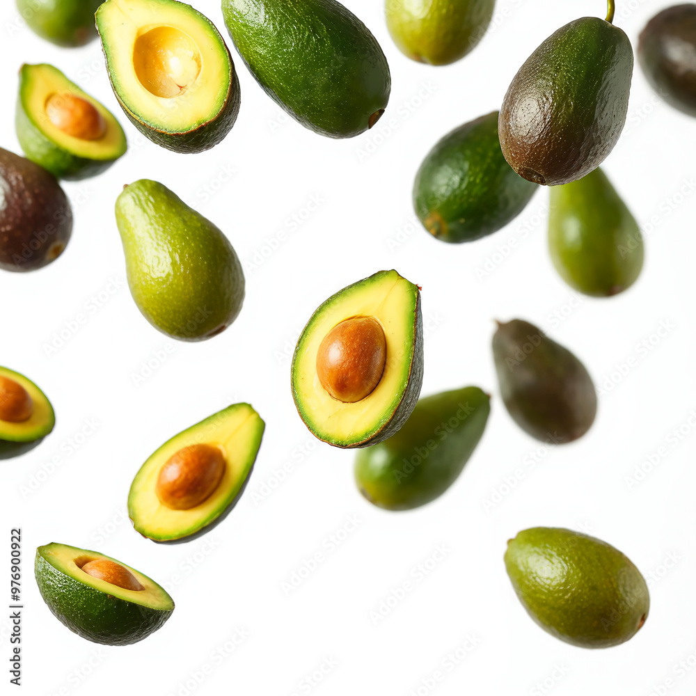 Fresh Whole and Halved Avocados Floating on White Background Fresh Whole and Halved Avocados Floating on White Background