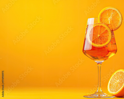 Vibrant cocktail in a glass, garnished with fresh orange slices, against a bright yellow background. Perfect for summer vibes.