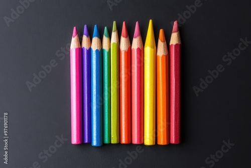 Crayons - colored pencil set loosely arranged on white background. colored pencils are not arranged exactly in a row.. Beautiful simple AI generated image