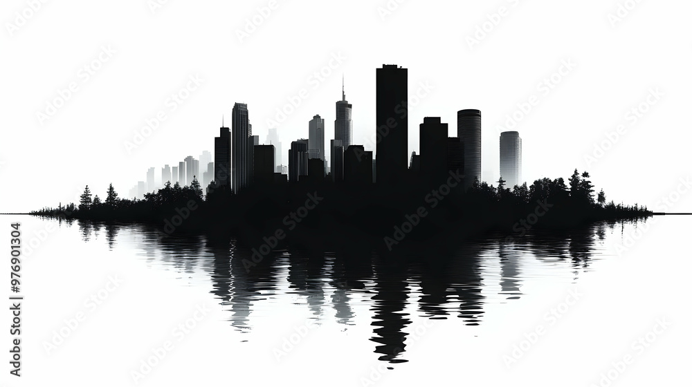 Fototapeta premium A black and white silhouette of a city skyline reflected in the water.