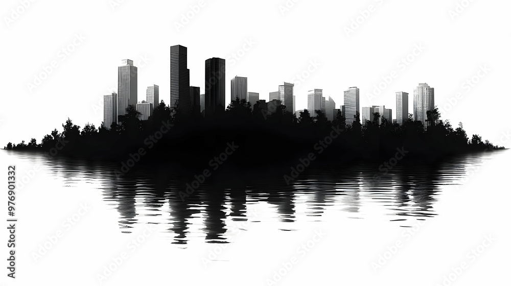 A black and white silhouette of a city skyline reflected in the water. A black and white silhouette of a city skyline reflected in the water.