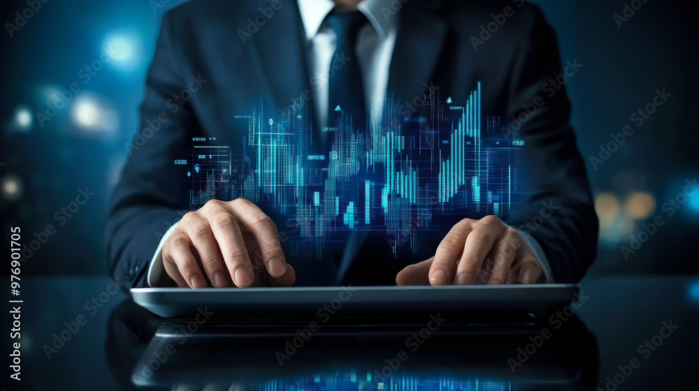 A businessman analyzes financial data on a digital tablet in a modern office at night A businessman analyzes financial data on a digital tablet in a modern office at night
