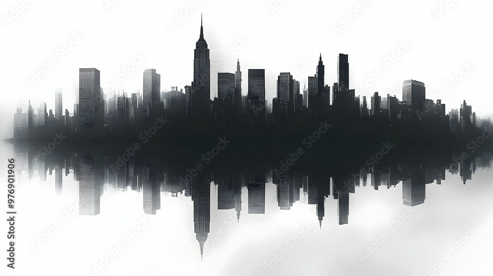 A black and white silhouette of a city skyline with reflections on water, against a white background. A black and white silhouette of a city skyline with reflections on water, against a white background.