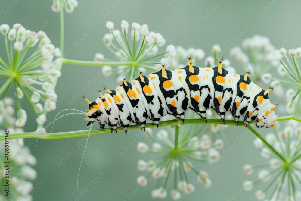 Colorful caterpillar resting on a green plant stem surrounded by delicate white flowers, showcasing its striking orange and black patterns Colorful caterpillar resting on a green plant stem surrounded by delicate white flowers, showcasing its striking orange and black patterns