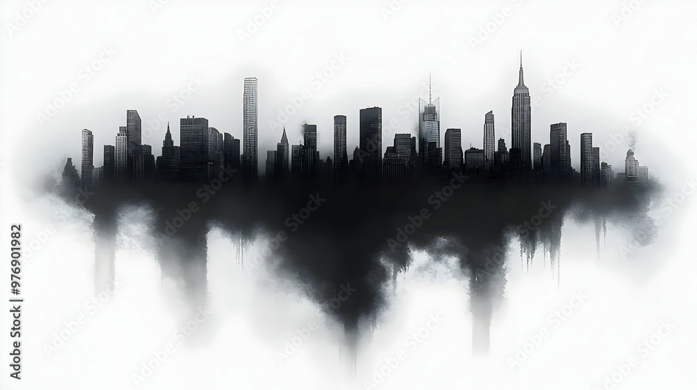 Fototapeta premium A black and white silhouette of a city skyline, with the bottom of the buildings dissolving into a cloud of smoke or fog.
