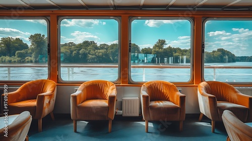 Panorama windows within river cruise ship interior calm hues sea foam orange chairs