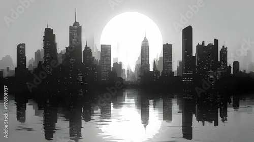 A black and white silhouette of a city skyline with the moon rising above the water.