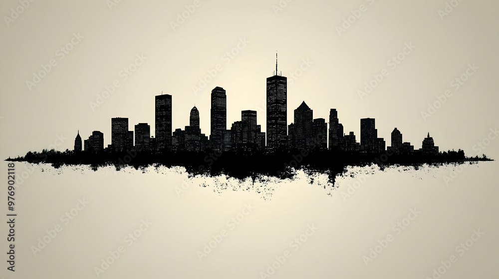 Obraz premium A black and white silhouette of a modern city skyline against a light background.