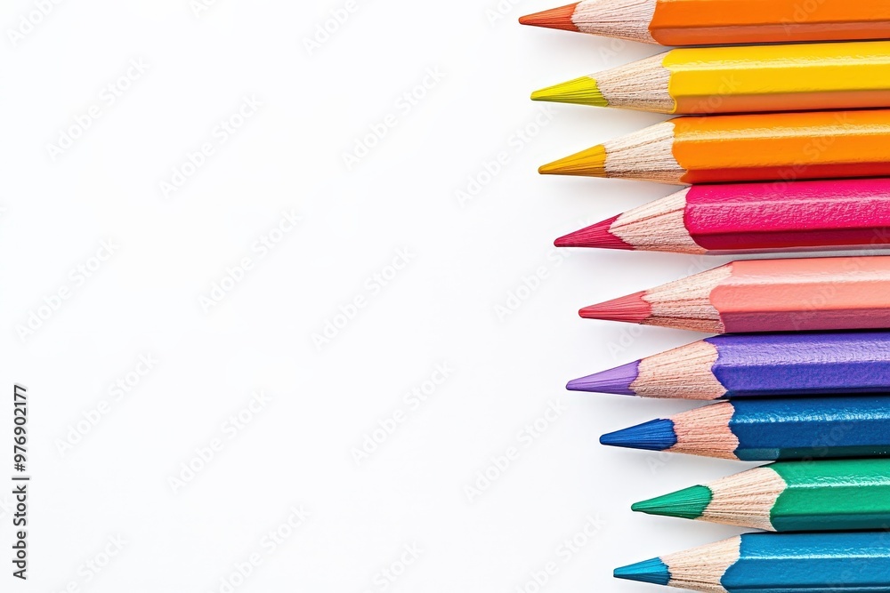 Vibrant Spectrum of Colorful Wooden Pencils Arranged in a Row on White Background - Back to School Concept. Beautiful simple AI generated image Vibrant Spectrum of Colorful Wooden Pencils Arranged in a Row on White Background - Back to School Concept. Beautiful simple AI generated image