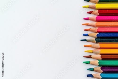 Colorful arrangement of sharpened colored pencils on a white background, perfect for art and education-related projects and designs.. Beautiful simple AI generated image