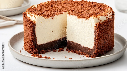 A creamy cheesecake features a smooth yellow filling and a glossy chocolate glaze, elegantly presented with a slice cut out to reveal its delightful texture.