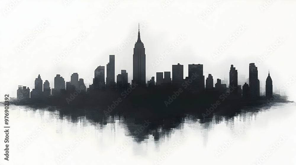 Naklejka premium A black and white silhouette of the New York City skyline with a watercolor effect.