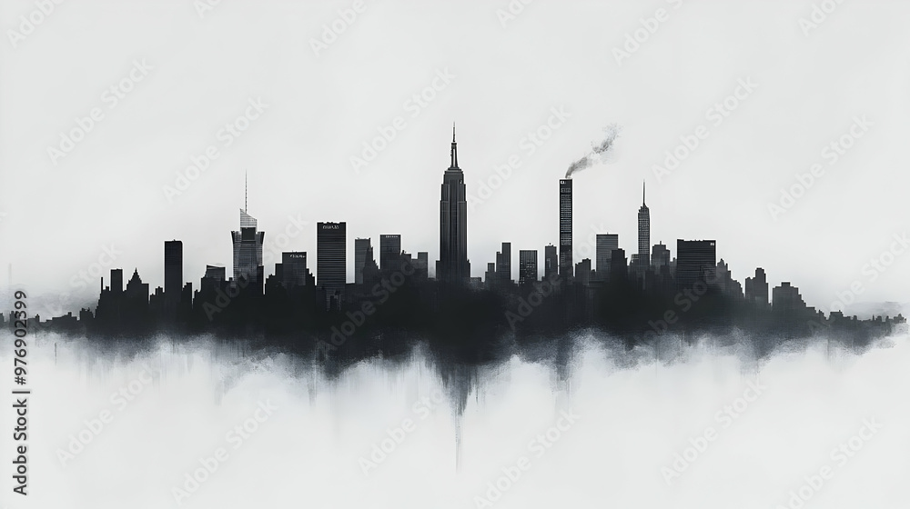 Obraz premium A black and white silhouette of the New York City skyline with smoke rising from a building, set against a misty background.
