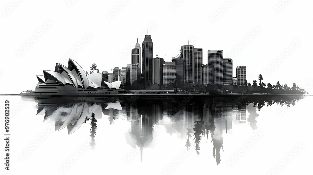 Fototapeta premium A black and white silhouette of the Sydney skyline with the Opera House in the foreground and reflections in the water.
