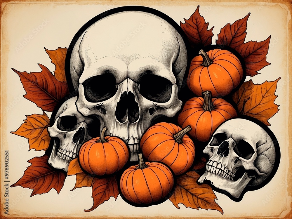 Vibrant black and orange Halloween graphic illustration with skulls surrounded by pumkins and autumn leaves. Vintage horror spooky gothic art post card illustration. Vibrant black and orange Halloween graphic illustration with skulls surrounded by pumkins and autumn leaves. Vintage horror spooky gothic art post card illustration.