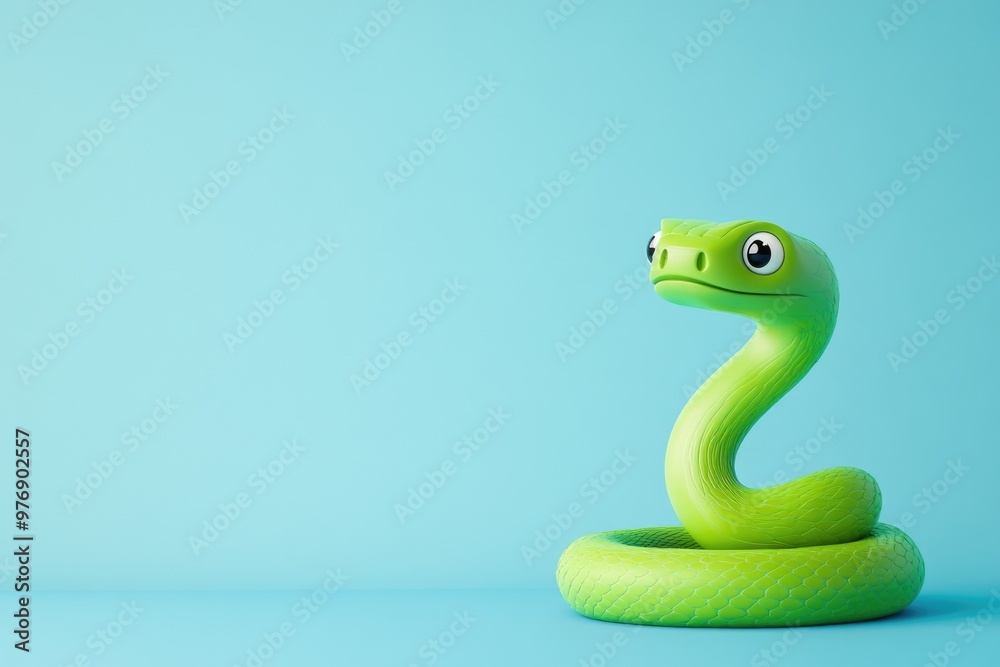 Fototapeta premium Playful Wooden Green Snake Figurine on Vibrant Blue Background - Perfect for Children's Decor or Toy Design