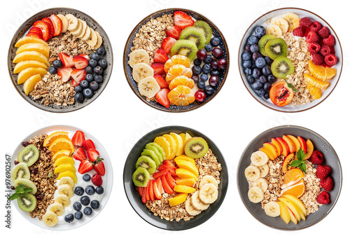 Set of different plates with granola and fruits on transparent background PNG