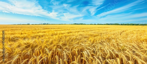 Golden wheat field stretching under a blue sky