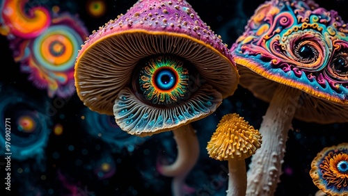 Beautiful psychedelic art illustration of entheogenic Psilocybin mushrooms with eyes and blurry swirling space and galaxies in the background. Vibrant trippy psychoactive magic illustration artwork. photo